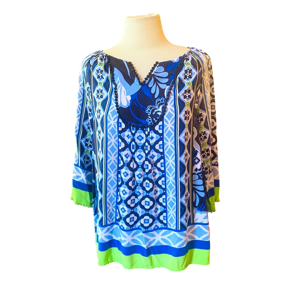 Crown & Ivy Womens Blue Lime Green Geometric Floral Pom Pom Trim Blouse Small